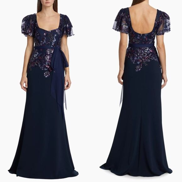 NWT Badgley Mischka Sweetheart Neck Beaded Lace Flutter-Sleeve Gown Navy Size 12 - Picture 1 of 9